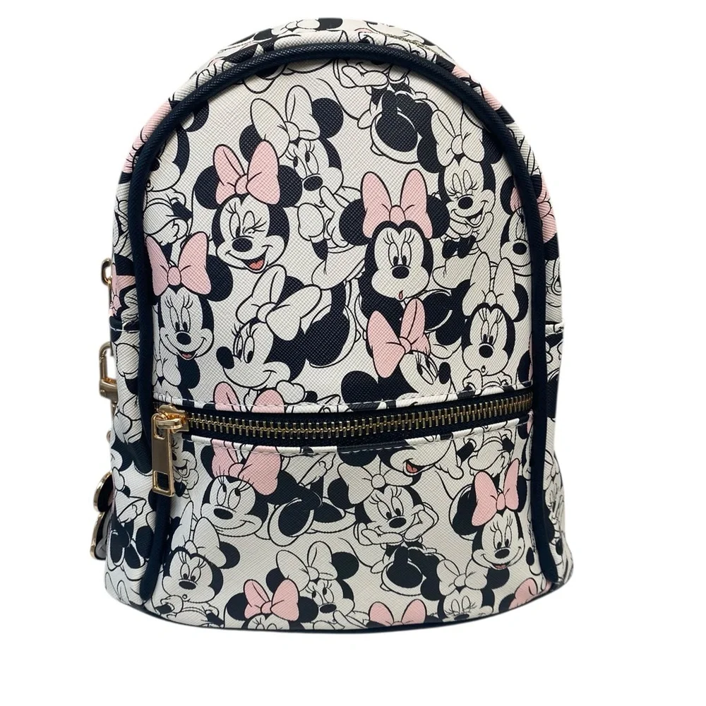 Disney Pink White and‎ Black Minnie Mouse Mini Backpack With Keychain NWOT